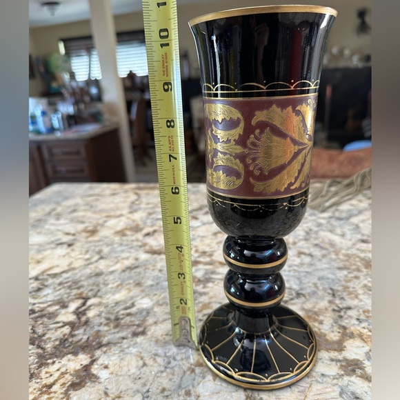 Antique Black purple art glass chalice 14k gold handpainted gold foil Persian - Picture 8 of 9